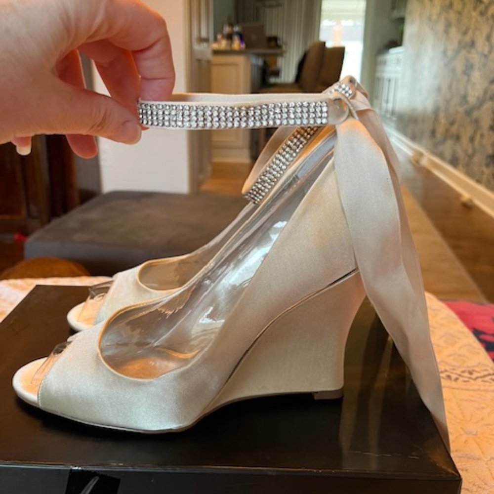 Nina Ivory Satin & Crystal Ankle Strap Wedge Shoe, Size 9